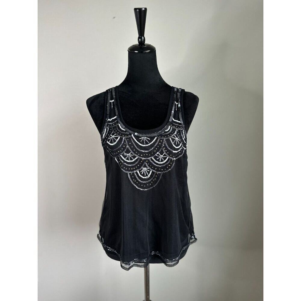 ANGIE Women's Black Sheer Metallic Sequin Yolk Camisole Tank Top Size S